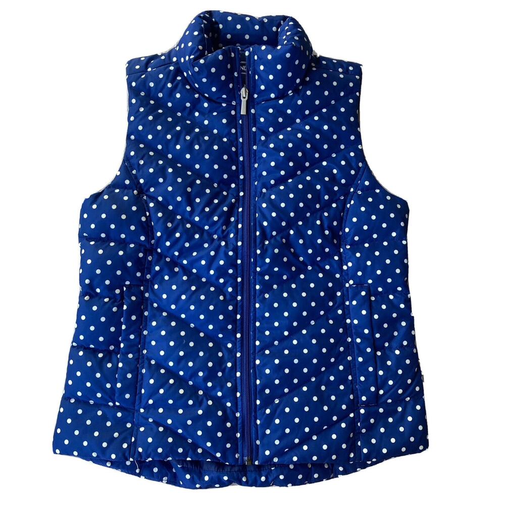 Lands End Sz XS Puffer Vest HyperDRY 600 Down Blue White Polka Dots Winter Snow